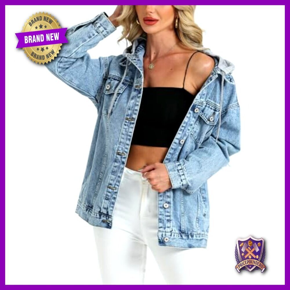 Oversized Distressed Denim Jacket with Detachable Hood Y2K Retro Boyfriend Fit - Picture 2 of 7